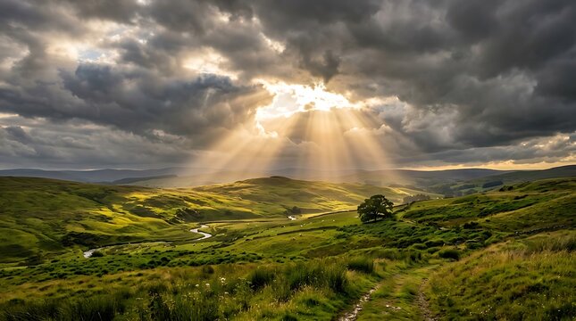 Dramatic sun rays piercing through dark storm clouds over a lush green rolling countryside landscape
