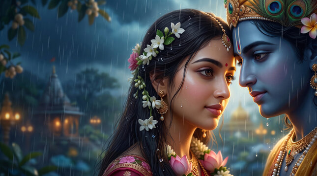 Radha and Krishna together beside a tranquil waterway during rain surrounded by flowers and glowing lights