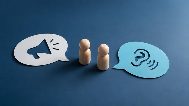 Effective communication concept featuring wooden figures with megaphone and ear icons symbolizing public speaking and attentive listening