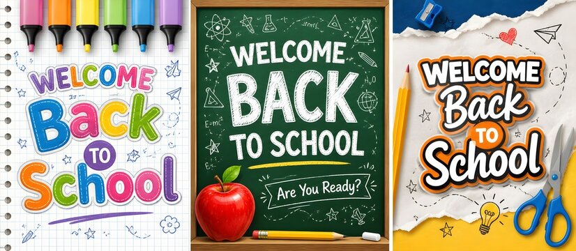 Back to school greeting typography poster clipart set. Collection of welcome back to school poster design with colorful and chalkboard banner clip art in abstract education background for classroom