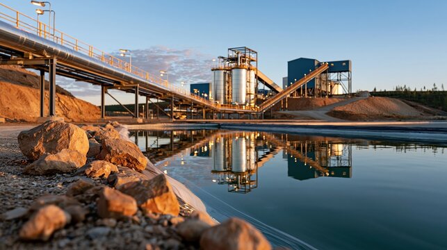 Wide banner composition of a critical minerals processing facility, panoramic industrial view with clean pipelines and evaporation ponds, empty negative space on the left side for text overlay