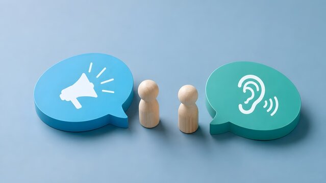 Wooden figures communicating via blue megaphone and green ear icons depicting active customer feedback and effective corporate dialogue