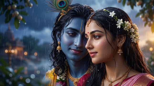 Radha and Krishna sharing a close moment beneath leafy branches during gentle rain