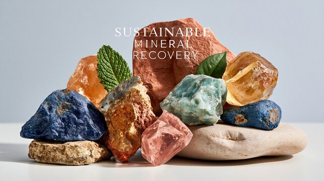Wide banner photograph of refined mineral samples with elegant text overlay reading "SUSTAINABLE MINERAL RECOVERY", minimalist white space composition