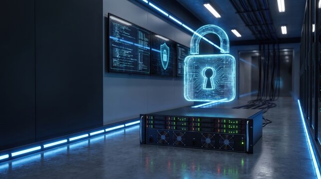 glowing blue holographic padlock floating above server rack in dark data center. cybersecurity, information protection, and cloud computing network security. banner, website header with copyspace.