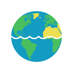 Fototapeta premium Flat vector illustration of planet earth globe with a wavy water line dividing land and sea for environmental and climate change concepts isolated on transparent background, Vector