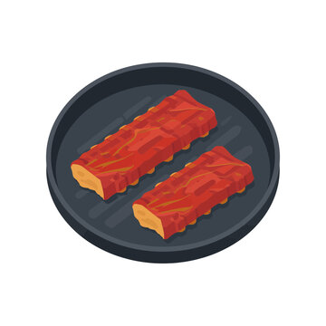 Two pieces of grilled red meat ribs cooking on a round black kitchen pan isolated on transparent background, Vector