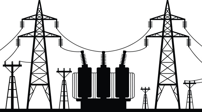 A black silhouette of voltage electrical transmission towers and a large power transformer station with power lines against a plain white background