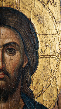 Antique Orthodox Icon Painting of Jesus Christ Pantocrator with Gold Halo and Aged Craquelure