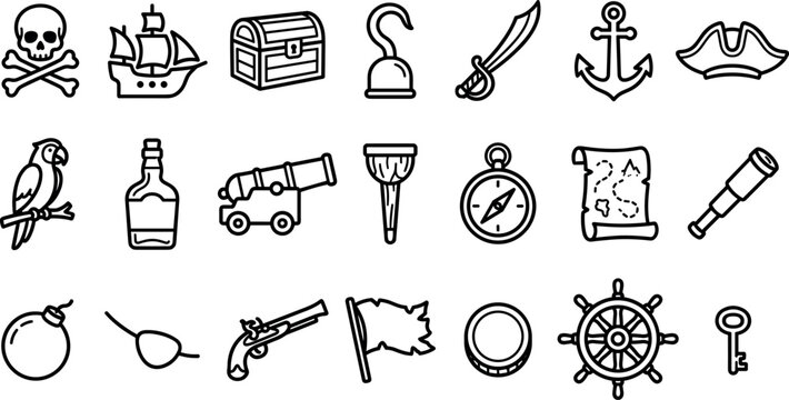 Pirate adventure and nautical treasures line icon set featuring skull ship chest compass sword and maritime elements