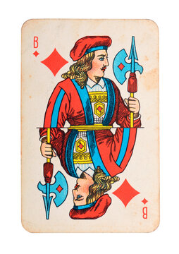 Old vintage Jack of Diamonds playing card isolated on white.