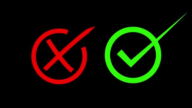 Animated check boxes kit with green yes tick and red no cross vote symbols on black background
