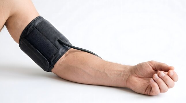 A close-up view of a person wearing a blood pressure monitor cuff on their arm.