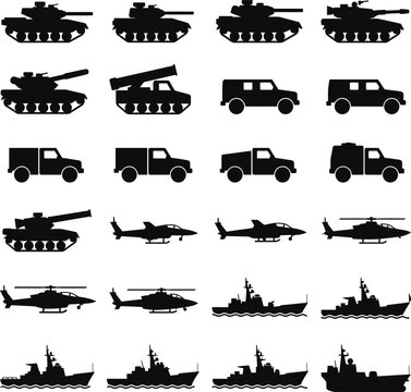 Military Vehicles Tank Aircraft and Warship Black Silhouette Set