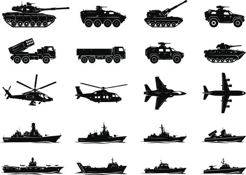 Military Vehicles Tanks Aircraft Jet Helicopters and Navy Warships Black Silhouette Set