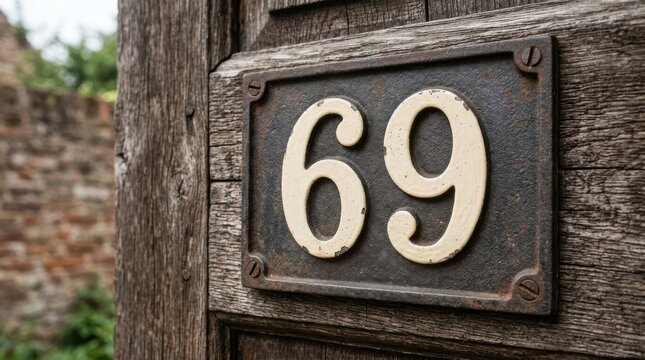 Black house number sixty-nine on wooden door