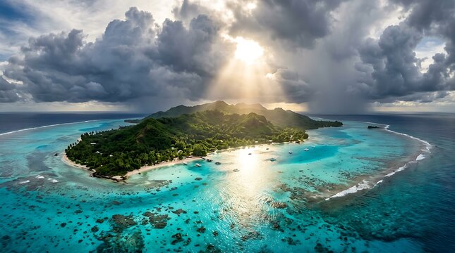 Stunning aerial view of a tropical island paradise surrounded by turquoise lagoon waters and dramatic sun rays breaking through stormy clouds in French Polynesia