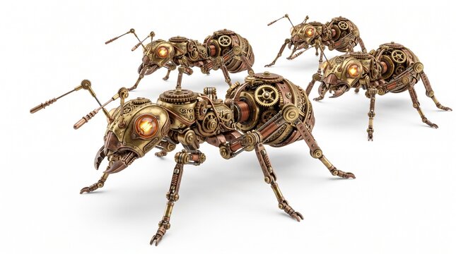 Steampunk mechanical ants made of gears cogs and metal parts isolated on white background with steampunk ant metal insect gear bug clockwork ant steampunk machinery cybernetic insect robot ant