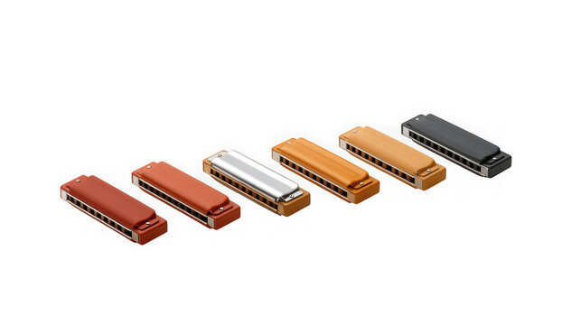 Set of six harmonicas in different colors