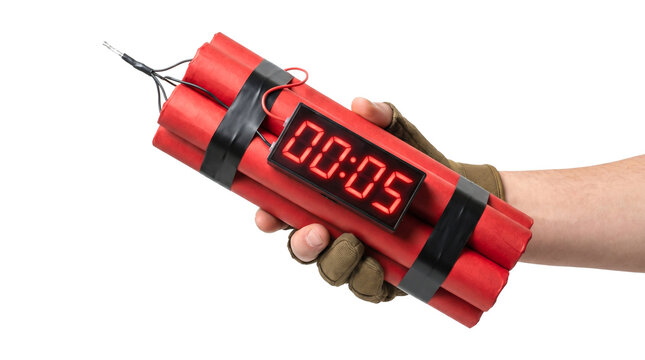 Hand Holding Red Dynamite Sticks with Digital Timer Counting Down Five Seconds