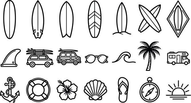 Summer beach surf vector icons set featuring surfboard tropical elements travel van ocean wave branding website mobile application presentation interface dashboard layout