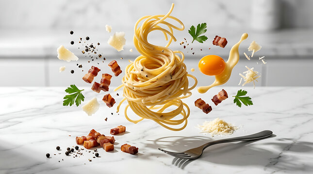 Delicious Spaghetti Carbonara With Crispy Bacon And Parmesan Cheese Frozen In Mid-Air With Egg Yolk Splashing Against A Marble Countertop
