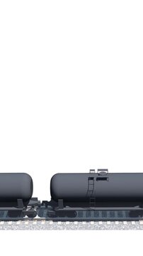 Abstract freight cargo train with petroleum tank wagons passing by moving on railroad on white background with copy space. Vertical cartoon 3D animation on railway transportation fuel logistics theme.