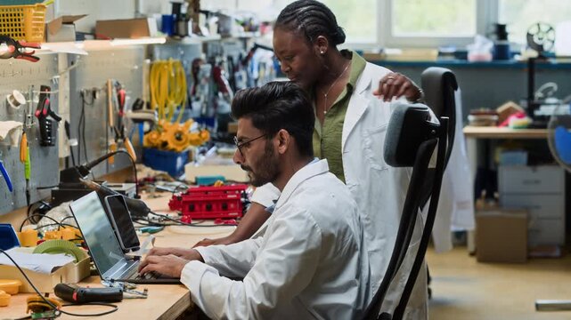 Indian man and African American woman in lab coats programming robotic prototype on laptop in workshop. Perfect for engineering education and technology development marketing