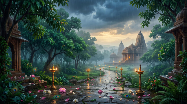 Peaceful Hindu temple garden with stone pathways, lotus flowers, glowing lamps, lush greenery, and calm water