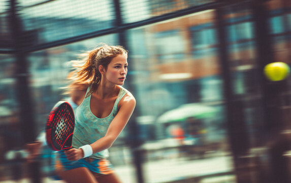 Active woman playing padel tennis on court during after work recreation