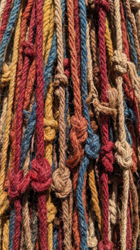 Ancient Incan Quipu Khipu Knotted Wool Recording Device with Multicolored Counting Strings