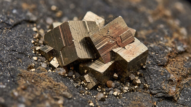 Natural Pyrite Crystal Formation Scientific Macro Photography Cubic Mineral Crystal Cluster Geology