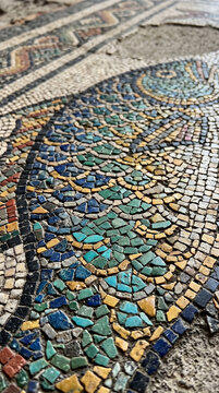 Ancient Roman Floor Mosaic Tesserae Detail Depicting Fish with Turquoise and Ochre Stone Cubes
