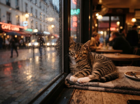 Tabby cat resting by cafe window overlooking rainy city street at night