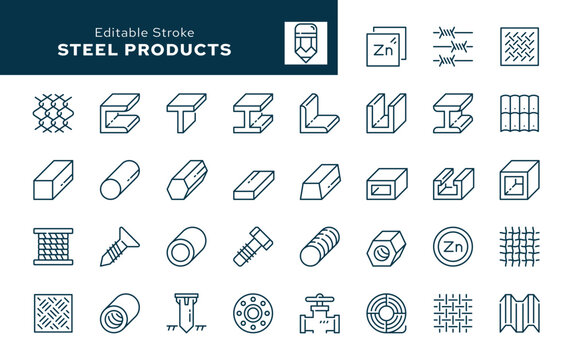 Steel products outline icons set. Beam, pipe, channel, I-beam, reinforcement, mesh, bolt, self-tapping screw, nut, zinc sheet and more. Line icon in linear style. Vector collection	