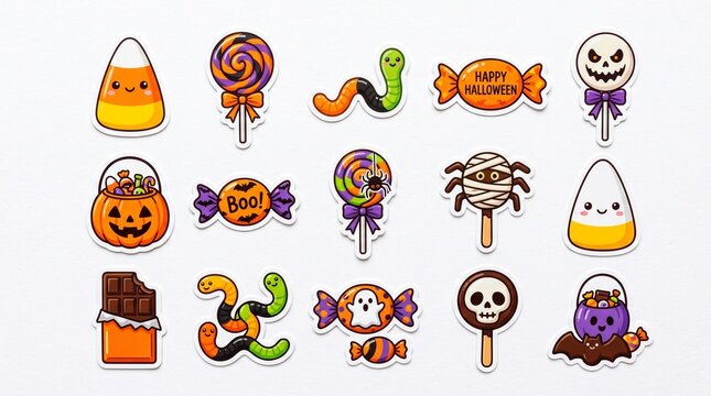 Set of cute halloween candy stickers with pumpkins lollipops worms and chocolate isolated on white background