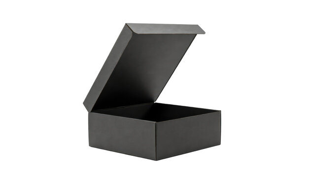 An open empty square matte black cardboard gift box with a hinged lid isolated on a transparent background