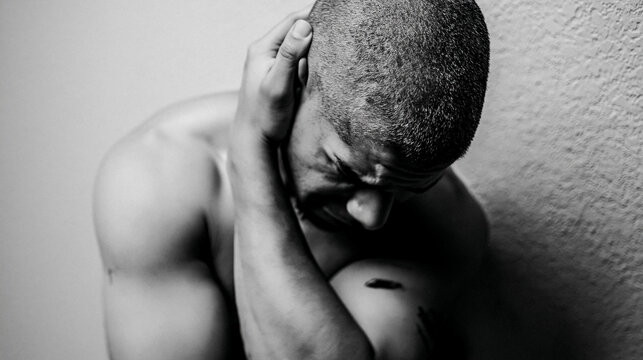 A monochrome shot of a distressed man, with his head bowed and his right hand covering the back of his head.