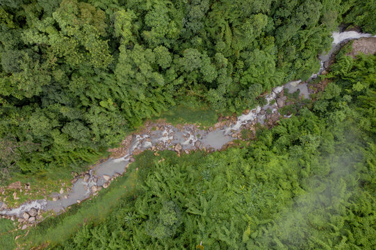 Aerial view of Khao Chong Lom is a natural famous tourist attraction located in Khun Dan Prakan Chon Dam. Nakhon Nayok Province, Thailand.