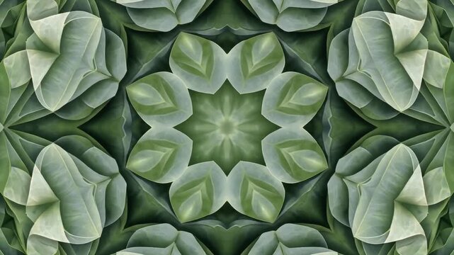 Symmetrical Kaleidoscope of Green Leaves and Petals Abstract Nature Pattern