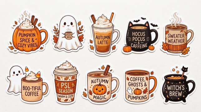 Set of cute autumn coffee mugs and ghosts stickers with pumpkin spice latte and witch brew design elements