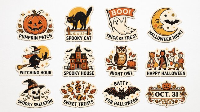 Set of cute vintage halloween stickers with pumpkin cat ghost witch house owl skeleton and bat characters