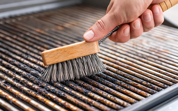 Hand cleaning dirty grill grate with metal wire brush