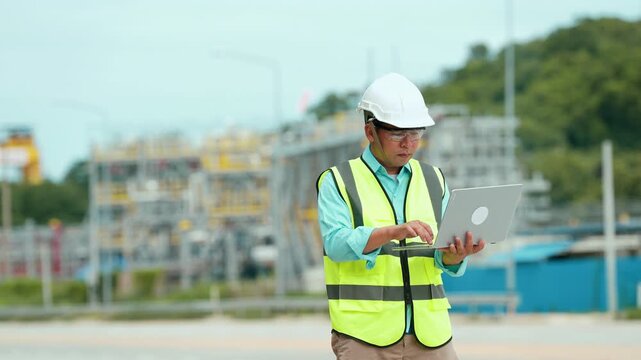 Construction engineer, safety vest, helmet, laptop, outdoor building site, professional industrial worker conducting engineering work with focused expression and blurred background