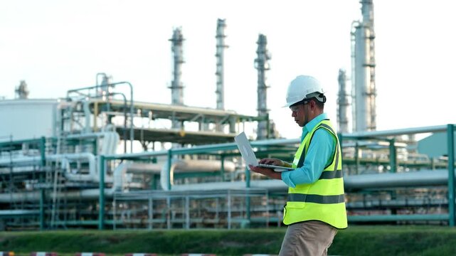 Engineer Oil Refinery Worker Using Laptop for Industrial Processing Plant Safety Equipment Inspection Beside Pipelines, Storage Structures, and Distillation Towers Under Bright Daylight Conditions