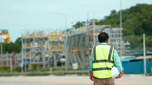 Engineer oil refinery inspection with reflective vest and hard hat worker industrial construction site, reviewing energy infrastructure development, industrial safety procedures, building progress
