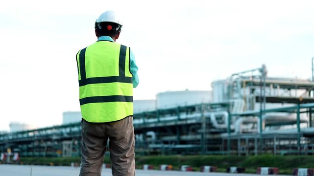 Industrial engineer worker safety vest and helmet inspecting oil refinery pipeline equipment industrial site, conducting construction inspection with focused attention and vigilant posture overcast