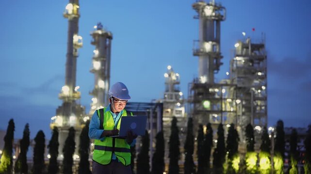 Engineer oil worker in safety vest using laptop at refinery during blue hour, inspecting industrial tower and illuminated processing equipment across safe modern energy facility