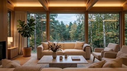 Fototapeta premium Modern living room with forest view, cozy atmosphere, natural light, Scandinavian design