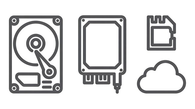 Data storage icons set featuring hard drive, solid state drive, memory card and cloud icon.